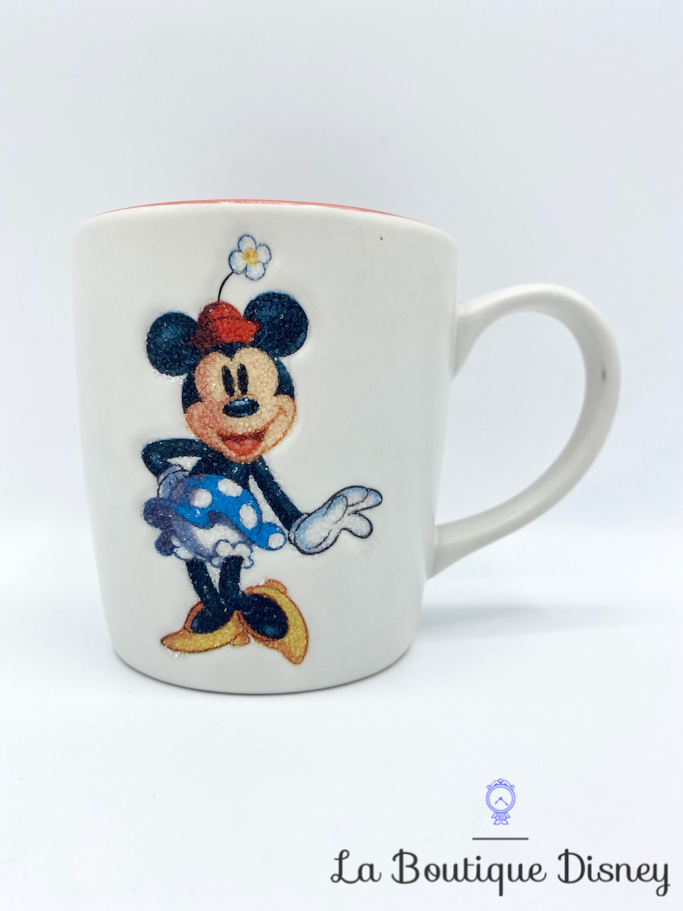 Tasse Minnie Mouse Disneyland Paris mug Disney blanc paillettes robe bleu fleur