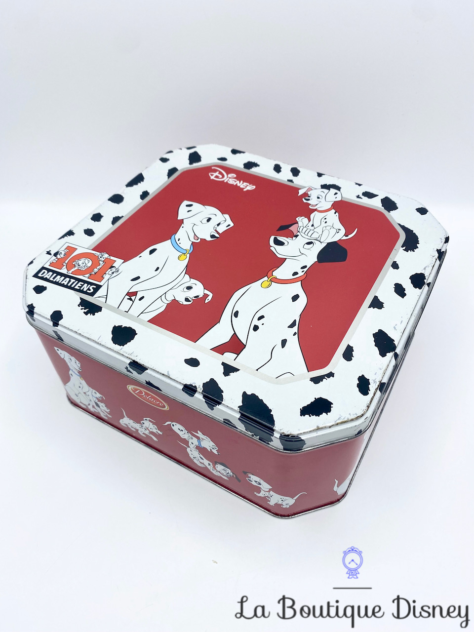 Boite métal Les 101 Dalmatiens Disney Delacre carré rouge chiens biscuits gâteaux