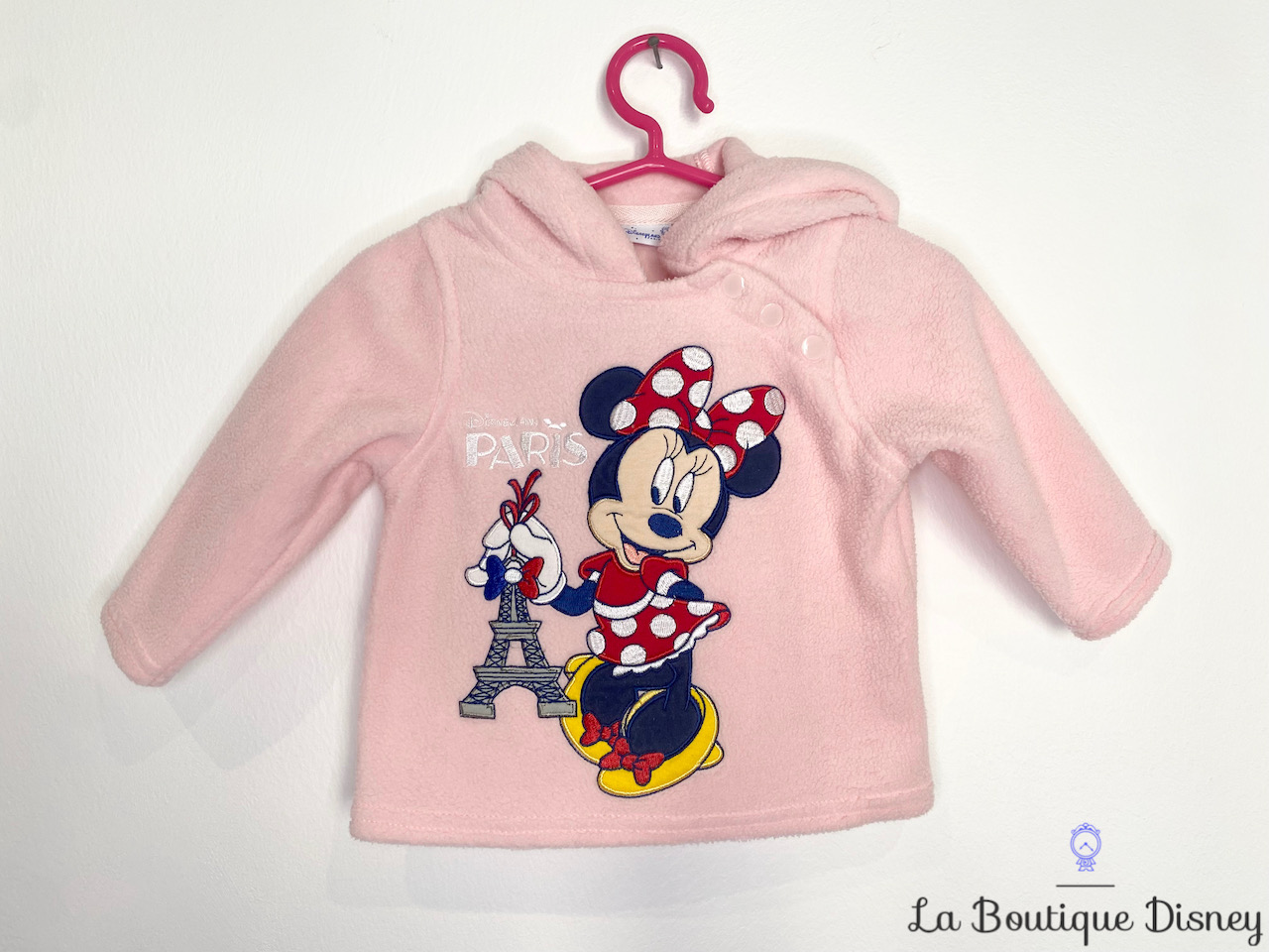 Sweat polaire Minnie Mouse Disneyland Paris Disney taille 6 mois rose capuche Tour Eiffel