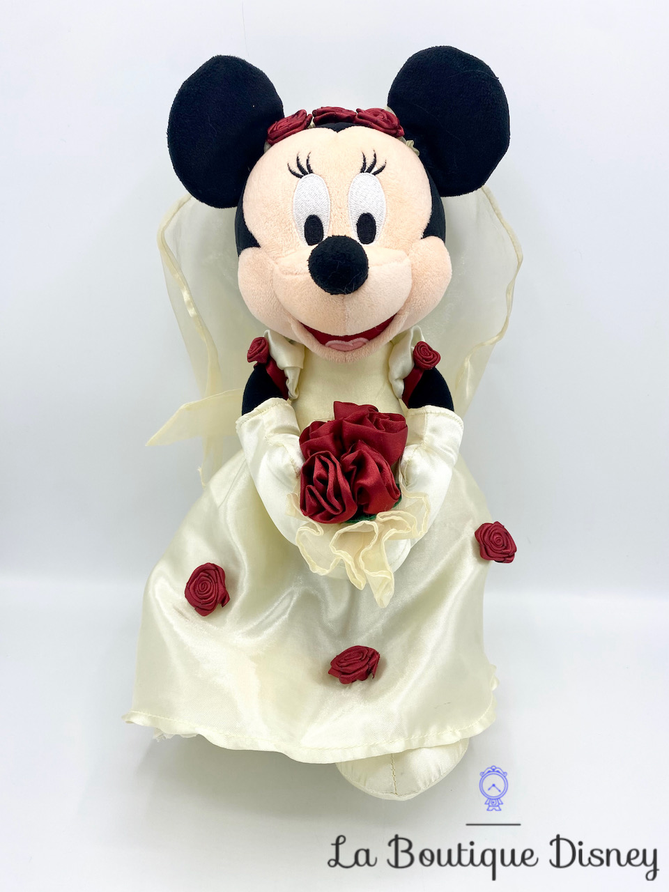 Peluche Minnie Mouse mariée Disneyland Paris Disney mariage bouquet roses 35 cm