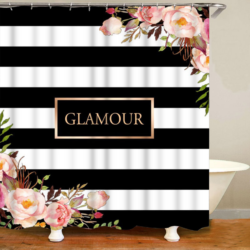 Ensemble-de-rideau-de-douche-fleurs-ray-noir-et-blanc-l-gant-personnalis-pour-tapis-de