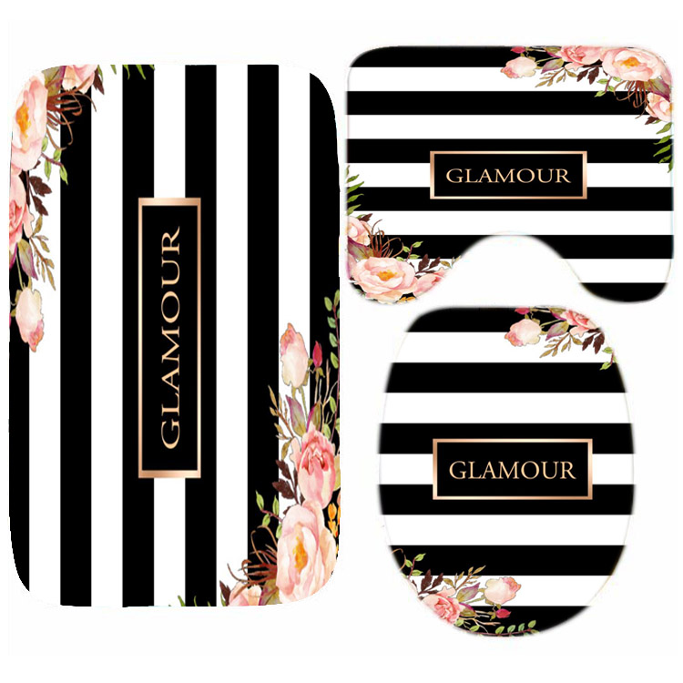 Ensemble-de-rideau-de-douche-fleurs-ray-noir-et-blanc-l-gant-personnalis-pour-tapis-de