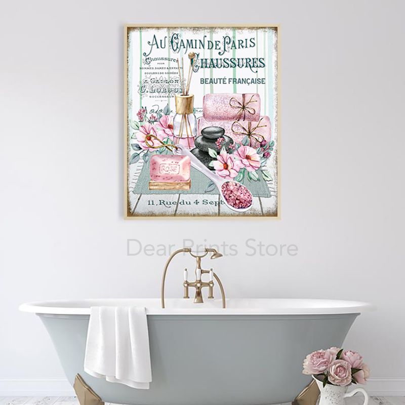 Imprim-s-de-toile-de-baignoire-victorienne-Style-fran-ais-Vintage-Shabby-aquarelle-florale-salle-de