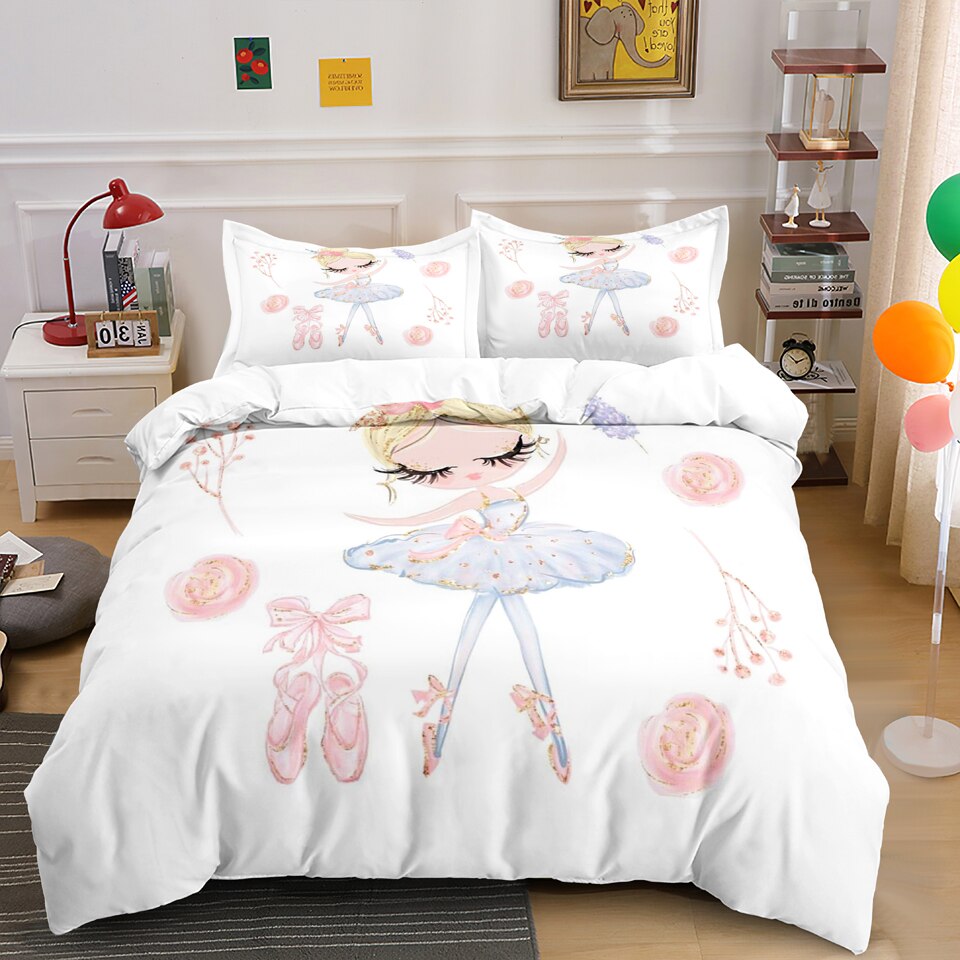 Ballet-danseur-fille-housses-de-couette-enfant-blanc-couvre-lit-princesse-ensemble-de-literie-mignon-dessin