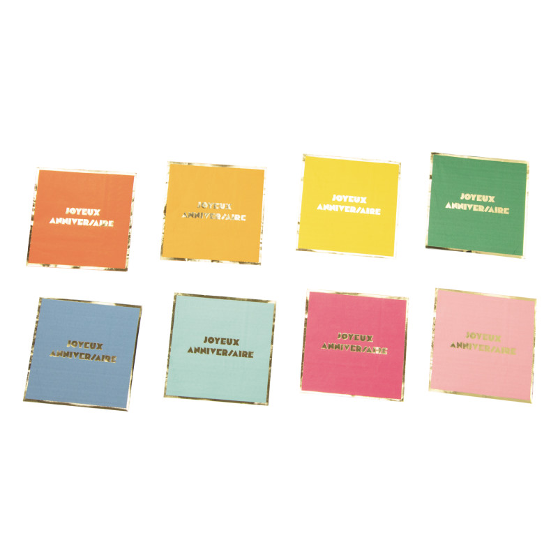 Serviette papier Joyeux Anniversaire Multicolores et dorées - Lot de 16