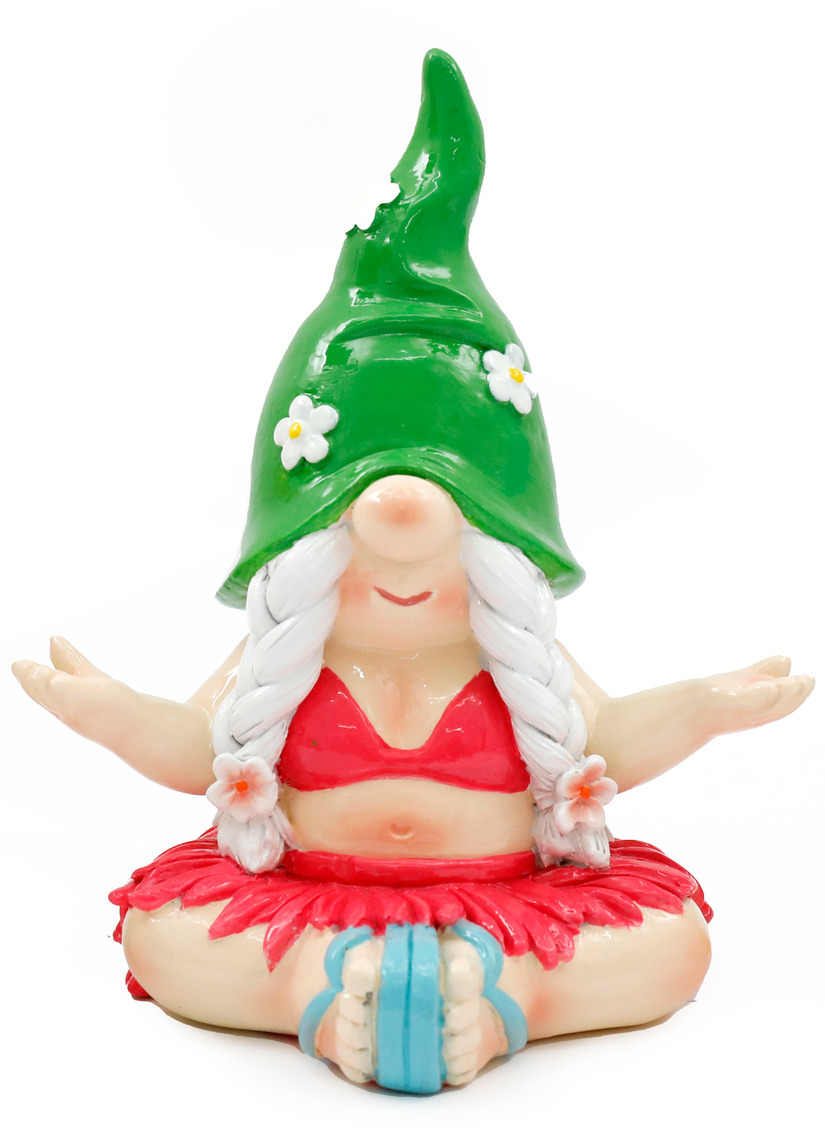 Nain de Jardin Yoga en Bikini Rouge et Chapeau Vert à Fleurs