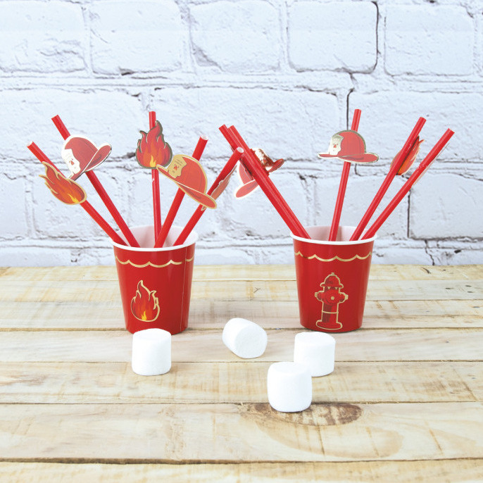 10 pailles en papier rouge Pompier