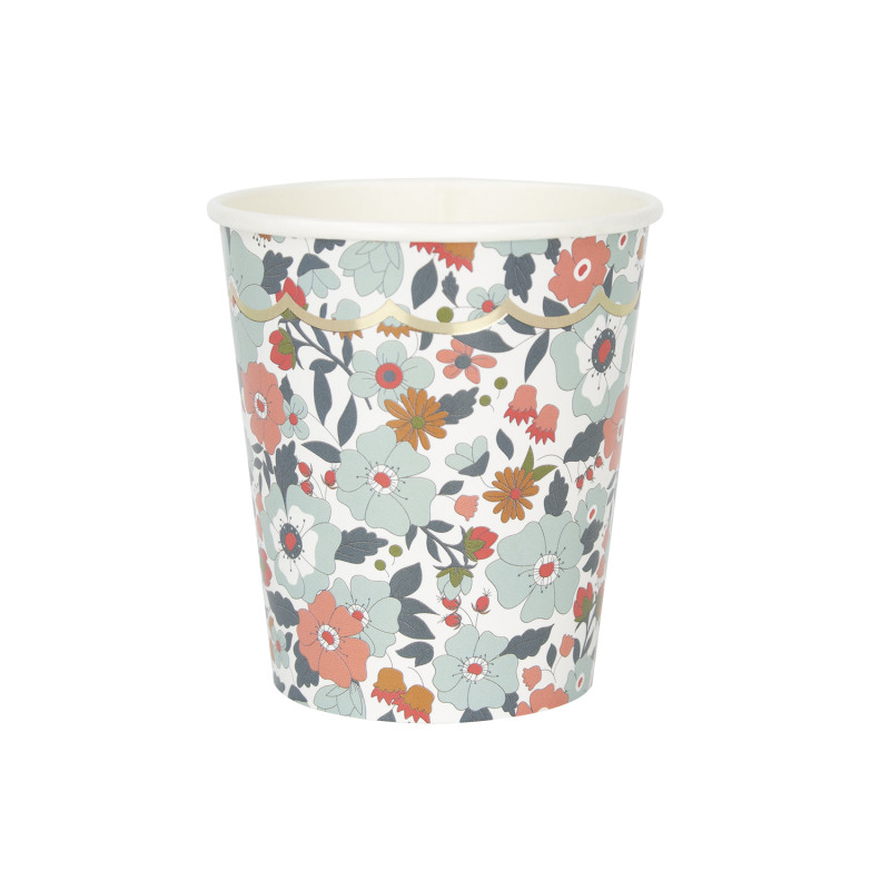 8 gobelets en carton Festonnés Liberty Bleu et Or - 200 ml