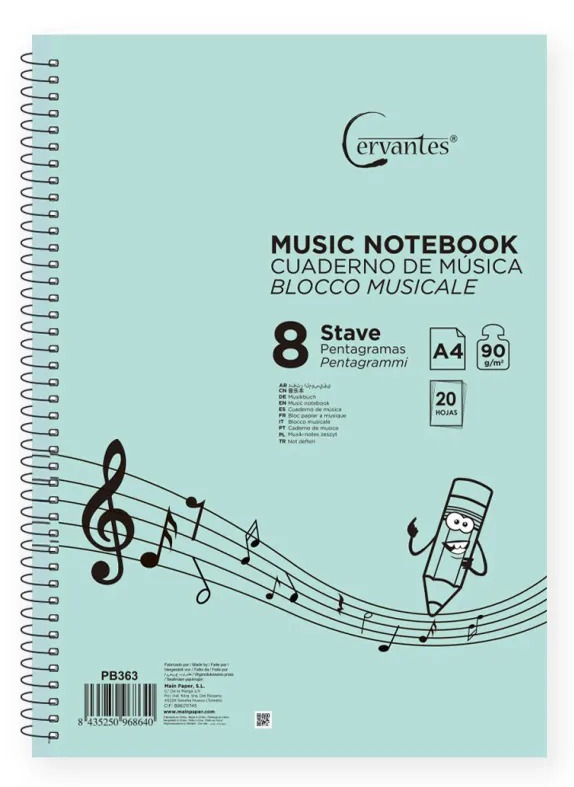 Cahier de musique à spirale avec 8 Portées