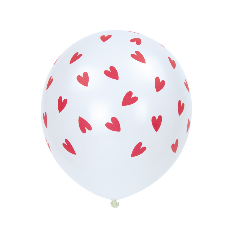 Ballons de baudruche blancs avec cœurs rouges - Lot de 6