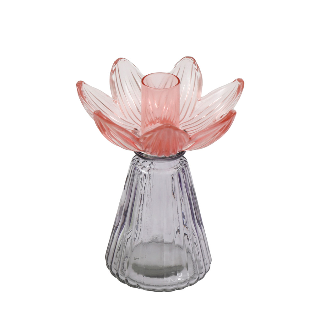 Bougeoir en verre Fleur Rose et Gris 15cm