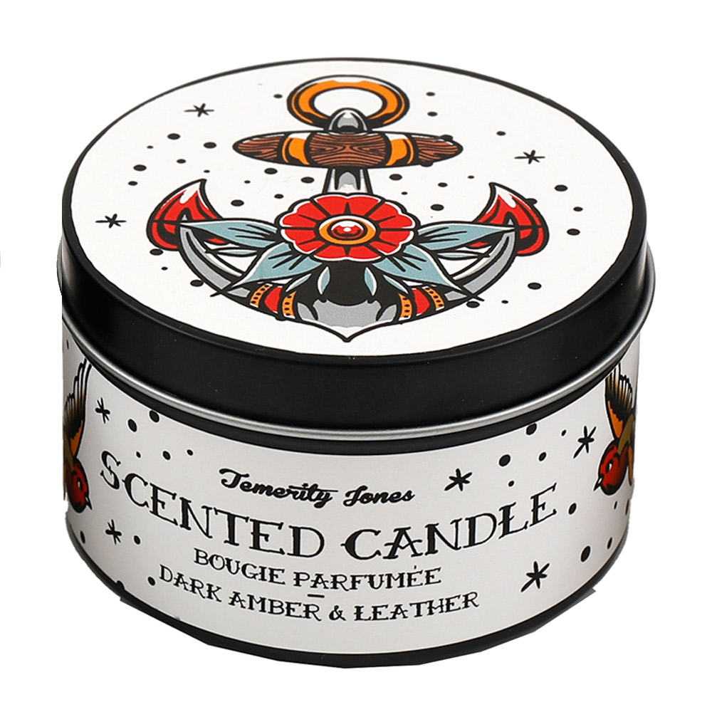 Bougie décorative parfumée Ambre Noire et Cuir - Tatouage Ancre marine