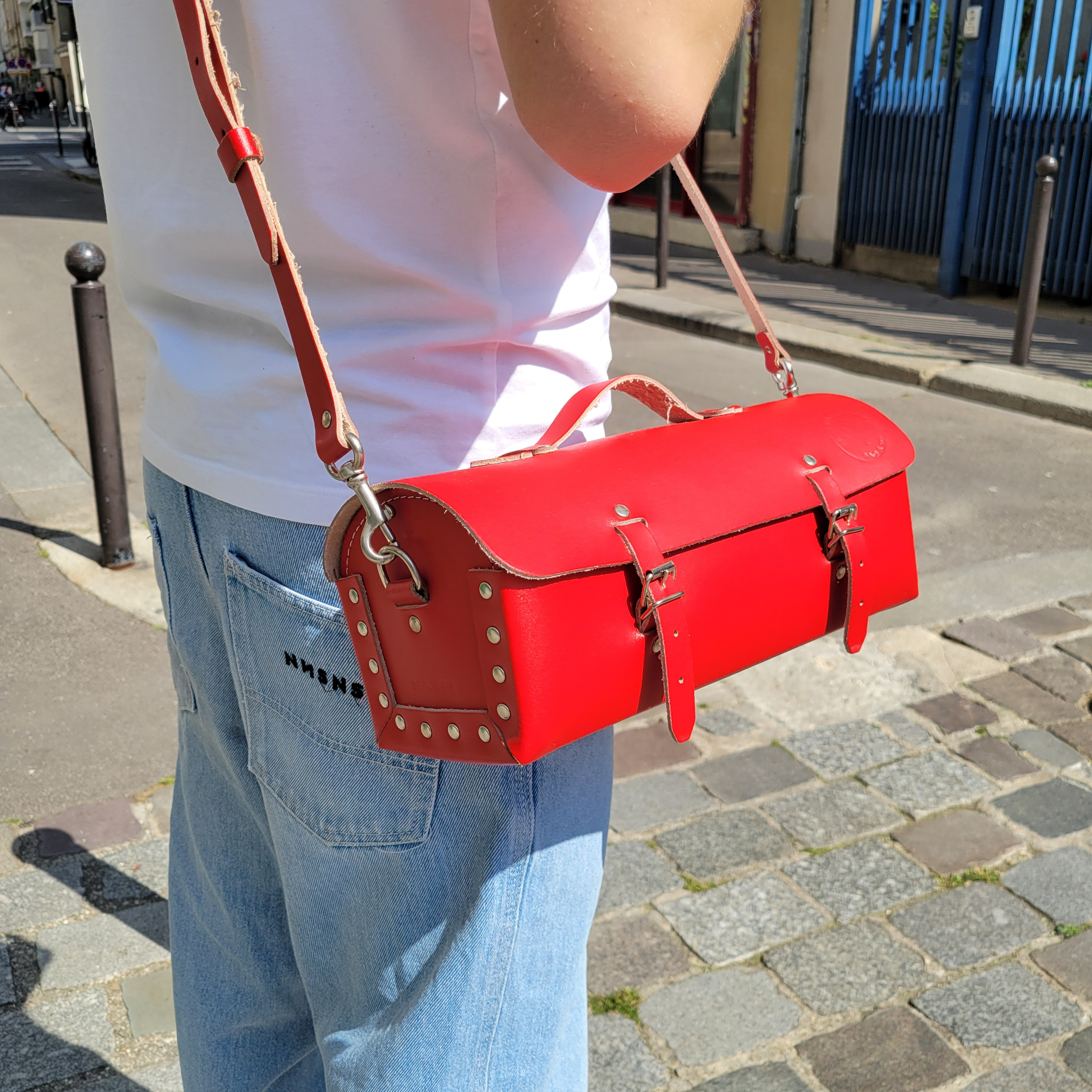 Sac à outils en cuir avec bandoulière - Rouge tomate - 30 cm