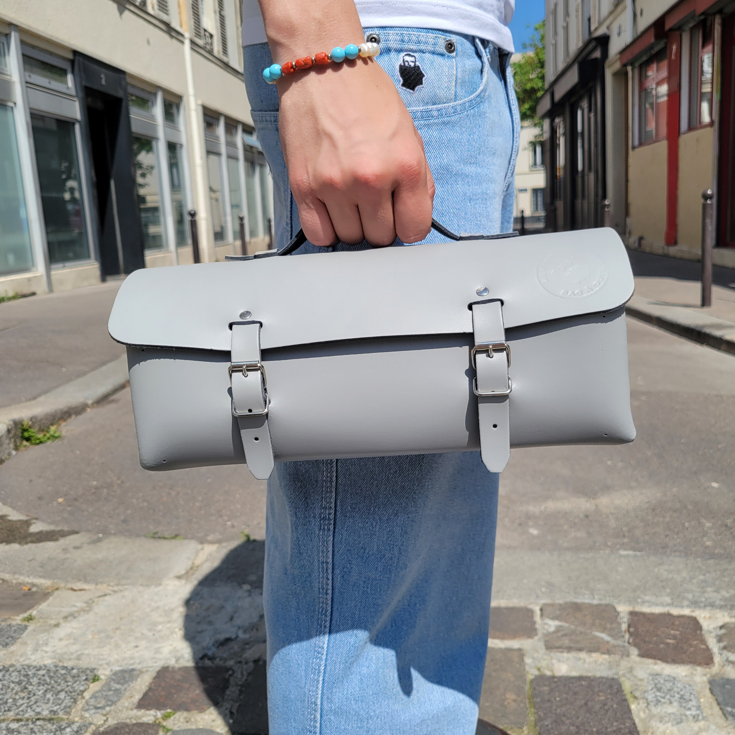 Sac à outils en cuir avec bandoulière amovible - Gris orage 30 cm