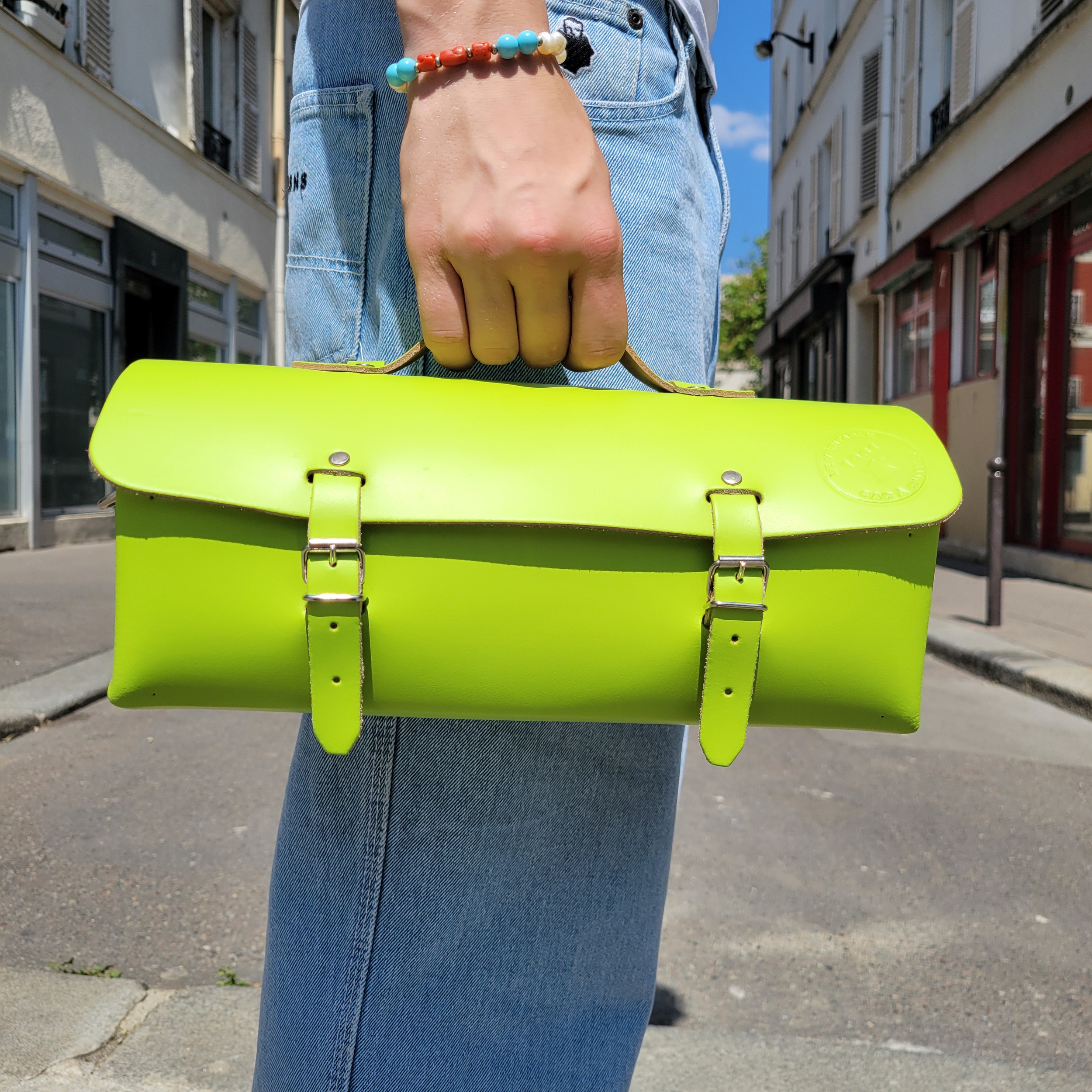 Sac à outils en cuir avec bandoulière amovible - Vert anis 30 cm