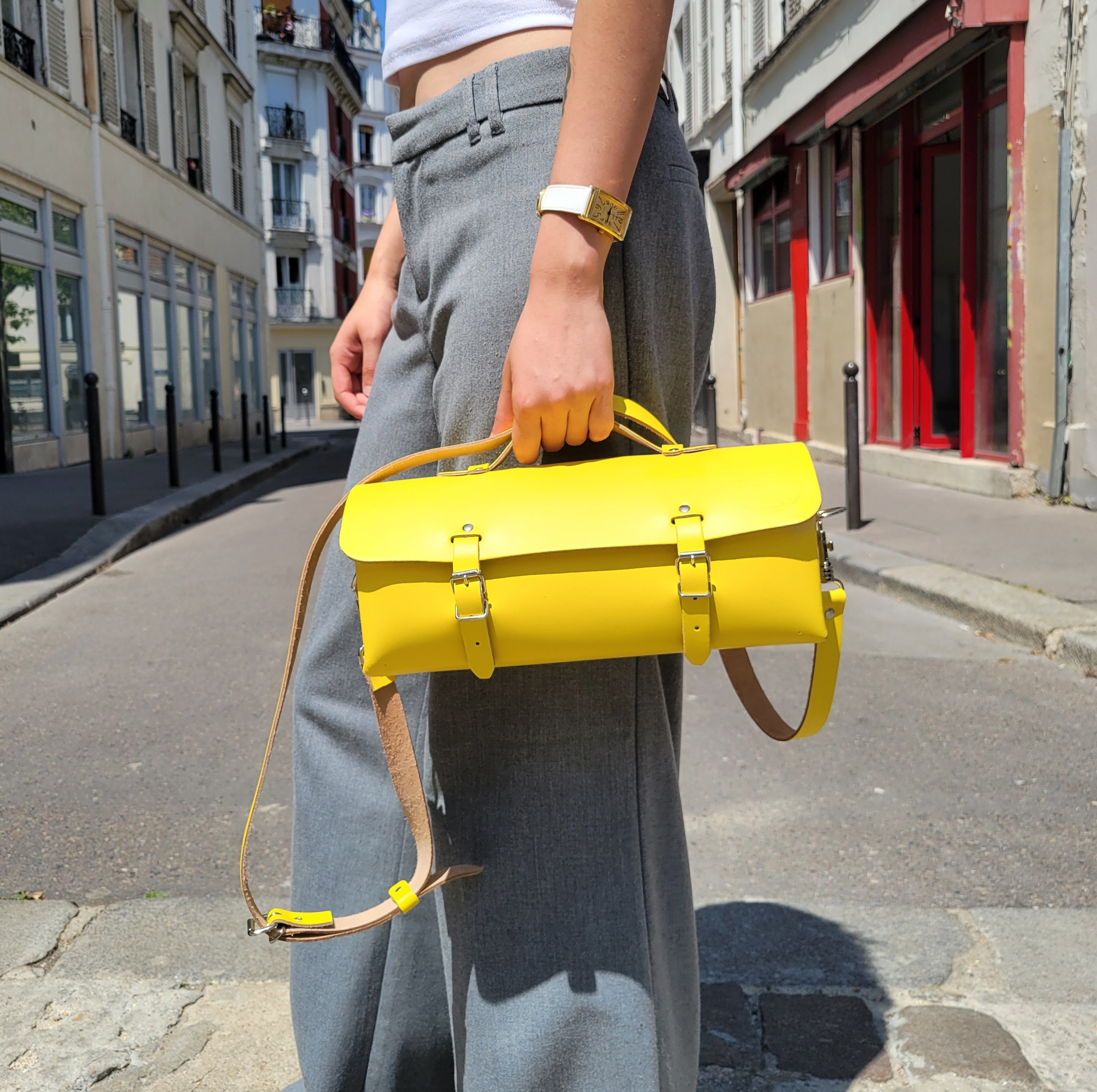 Sac à outils en cuir avec bandoulière - Jaune soleil 30 cm