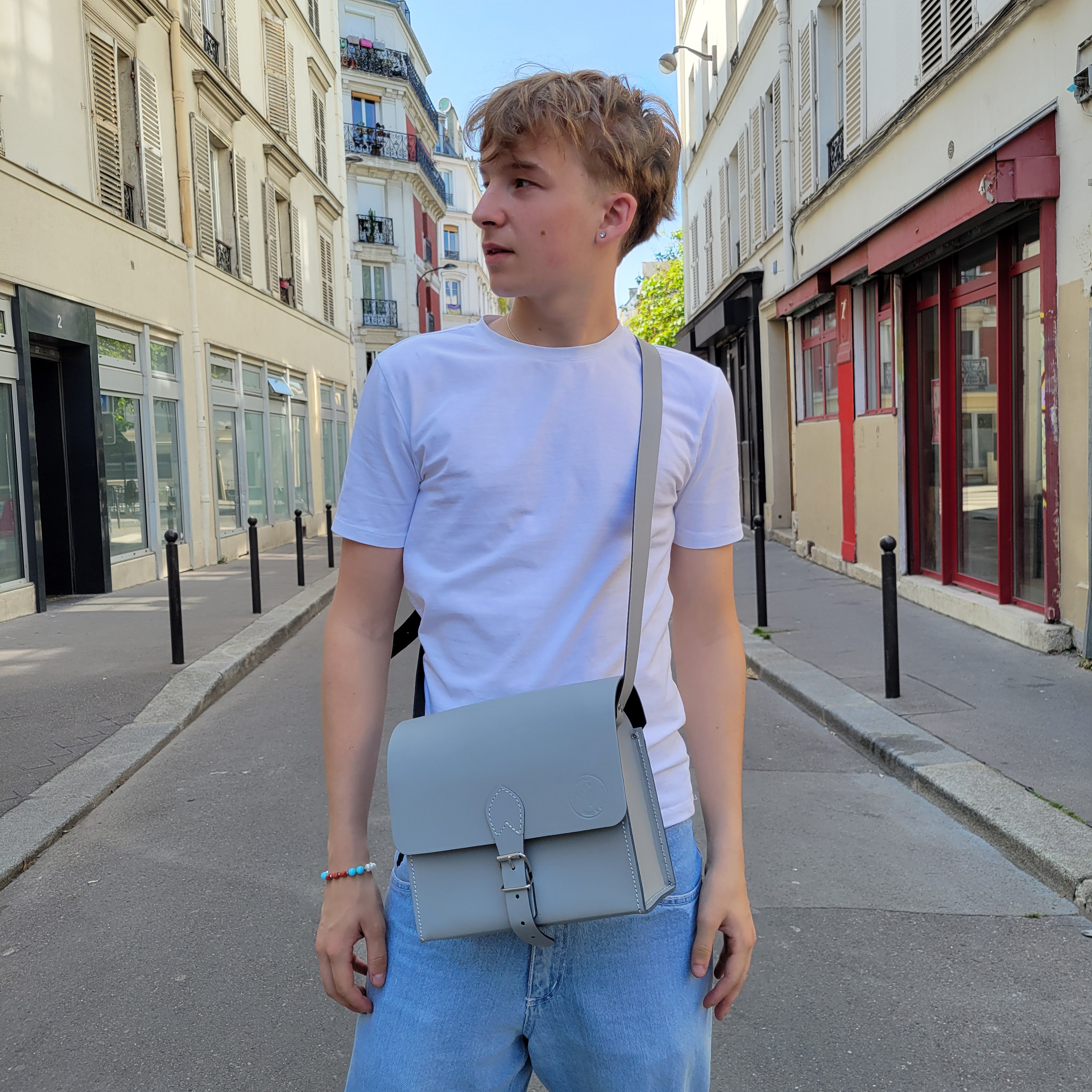 Sacoche en cuir - Gris orage 25 cm