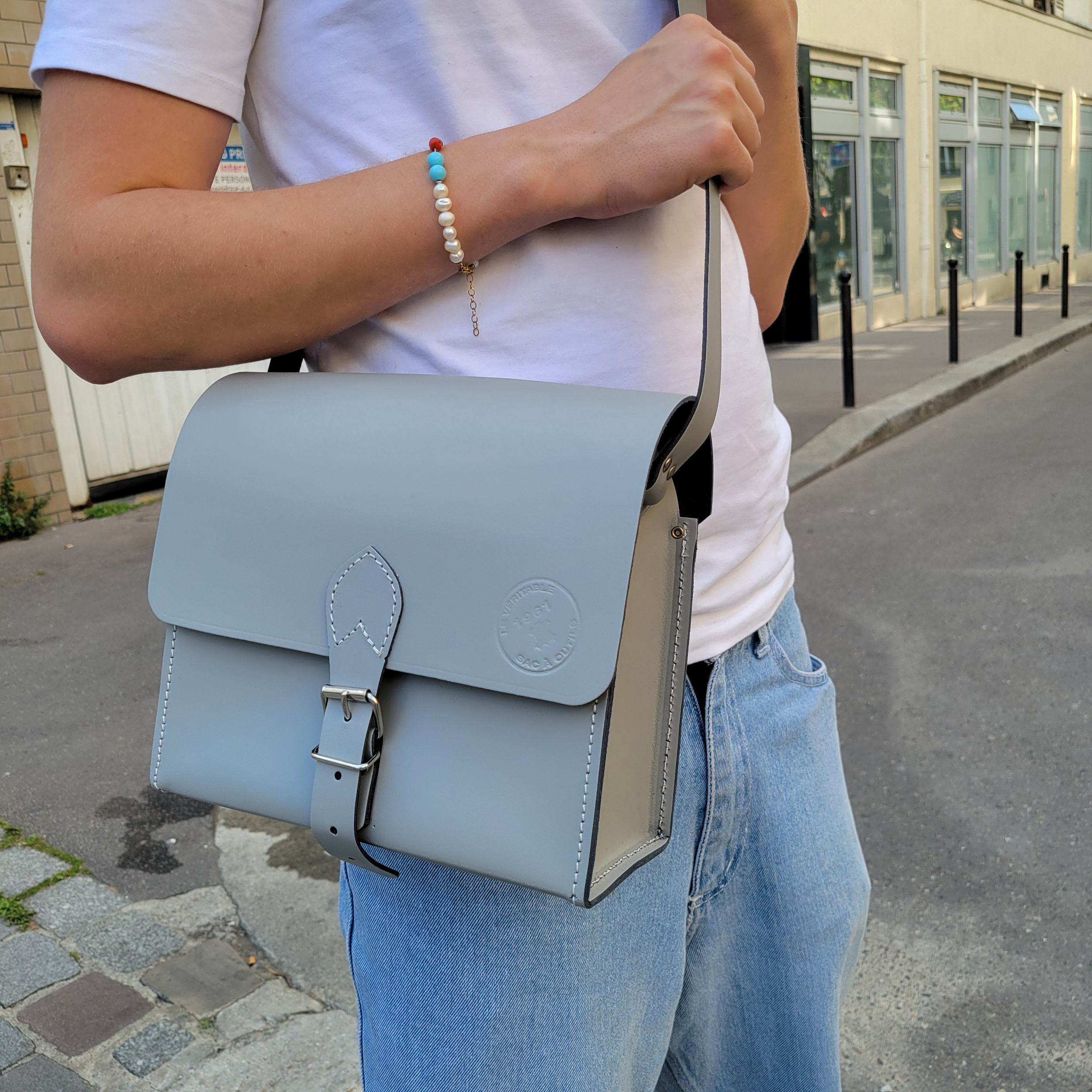 Sacoche en cuir - Gris orage 25 cm
