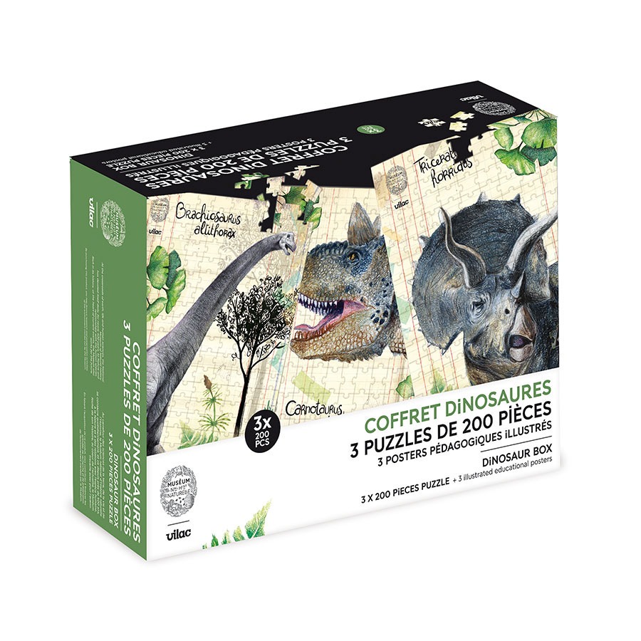 Puzzles 200 pcs - 3 Puzzles Dinosaures 200 pièces avec posters - Dès 5 ans