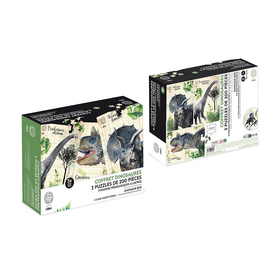 Puzzles 200 pcs - 3 Puzzles Dinosaures 200 pièces avec posters - Dès 5 ans