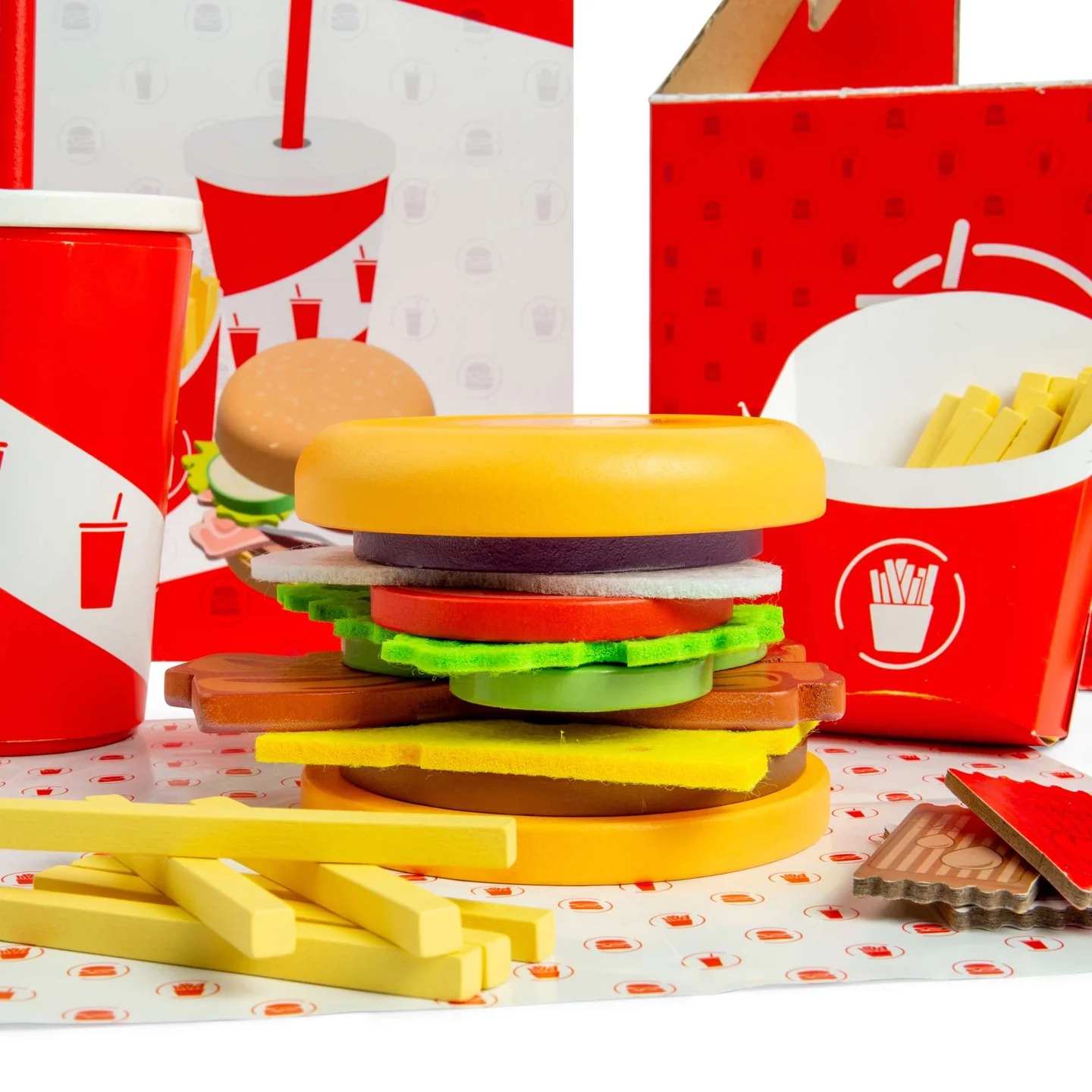 Dinette en bois - Set Burger et Frites en Bois - Dès 3 ans