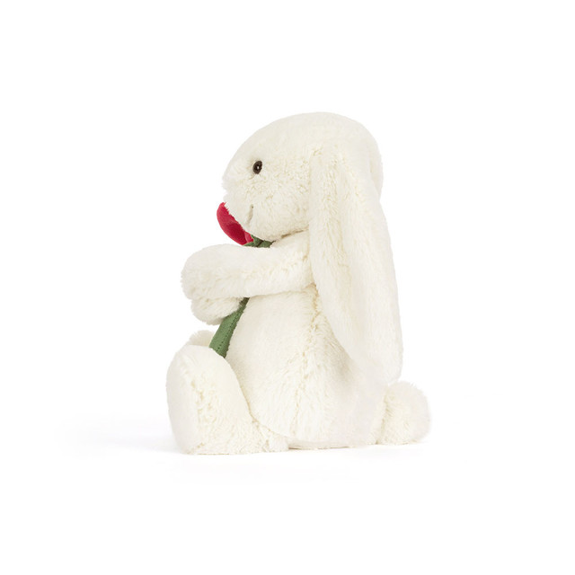 Peluche Jellycat Lapin Creme et Rose rouge BB6ROSE 31cm, fourrure soyeuse couleur ivoire