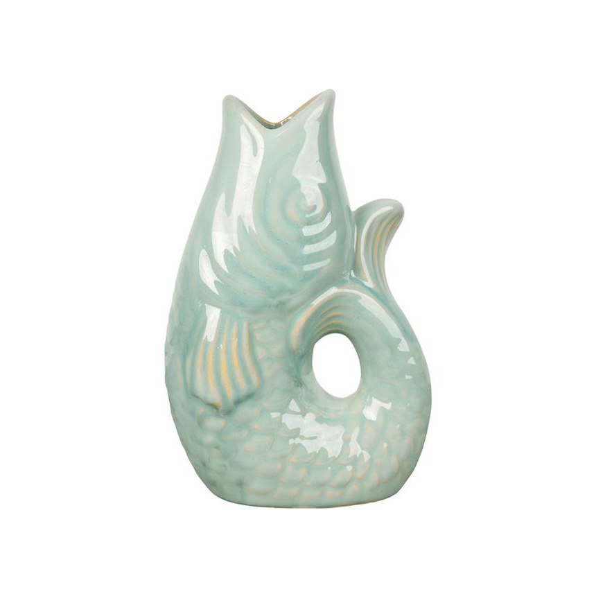 Vase Poisson en céramique Vert d\'eau - Sculpture en Grès Marin - 19cm