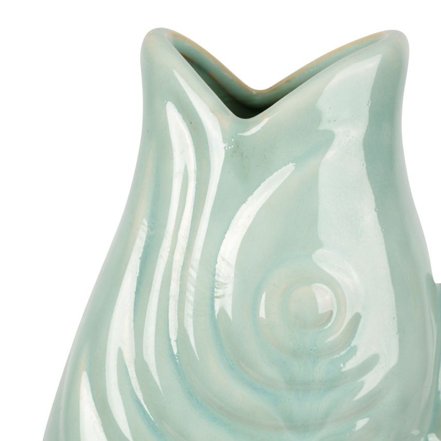 Vase Poisson en Céramique Vert deau - Sculpture en Grès Marin - 31cm