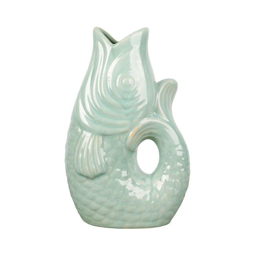 Vase Poisson en Céramique Vert d\'eau - Sculpture en Grès Marin - 31cm