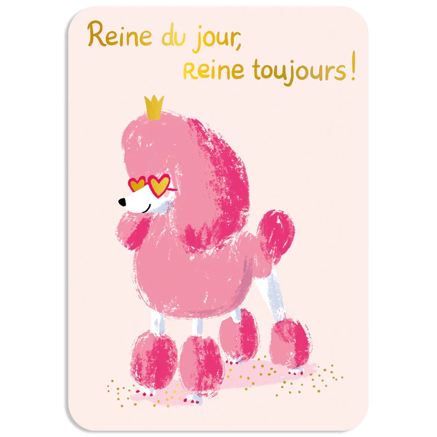 Visuel représentant un caniche rose avec une couronne et des lunettes en forme de cœur