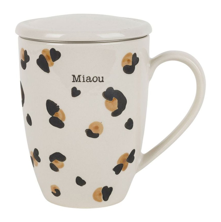 Tisanière en grès écru motif léopard avec filtre inox 30 cl - Ø 8 × H 11 cm