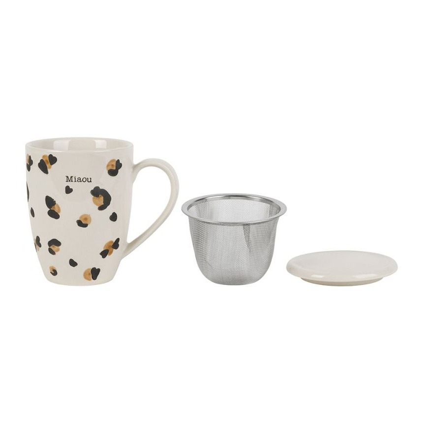 Tisanière en grès écru motif léopard avec filtre inox 30 cl - Ø 8 × H 11 cm