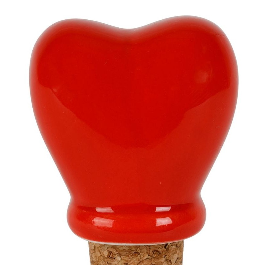 Bouchon de bouteille cœur en grès émaillé et liège - rouge - 4 × 3 × H 7 cm