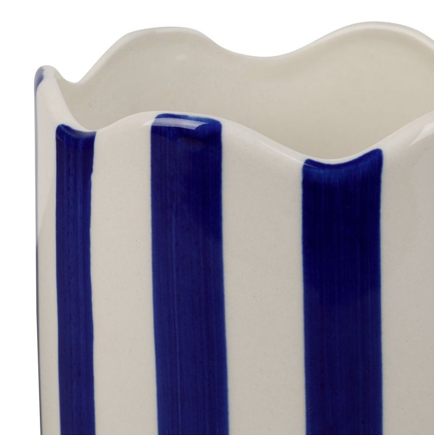 Cache-pot en grès rayé - bord festonné - coloris indigo et blanc - ⌀ 11 × H 11,5 cm