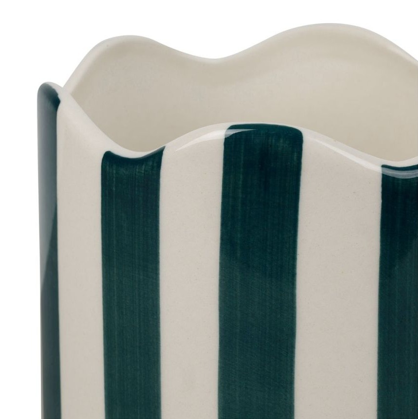Cache-pot en grès rayé - bord festonné - coloris émeraude et blanc - ⌀ 11 × H 11,5 cm