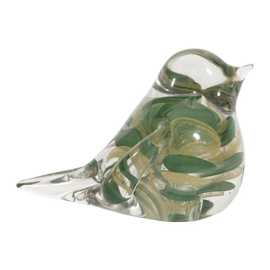 Presse-papier oiseau en verre soufflé marbré - coloris vert et or - 11,5 × 7 × H 8,5 cm