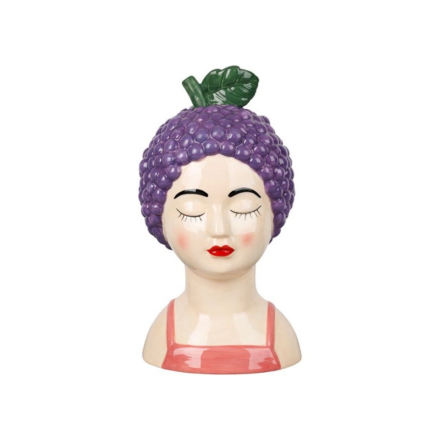Vase buste de Femme coiffure grappe de raisin - Prune - 13 x 9,5 x 24 cm