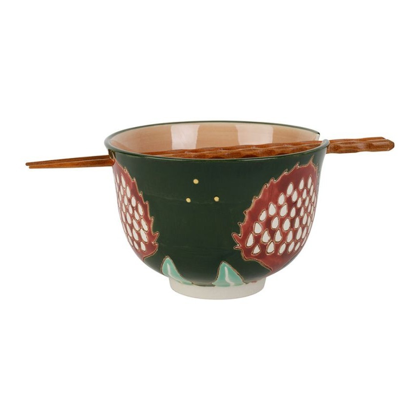Bol Japonais avec baguettes en Grès - Vert - 13,5 x 9,5 cm
