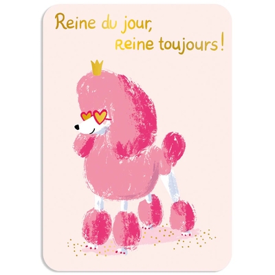 Visuel représentant un caniche rose avec une couronne et des lunettes en forme de cœur