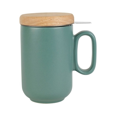 Tisanière en grès mat vert sauge avec couvercle en hévéa 45 cl - 12 × 8,5 × H 13,5 cm
