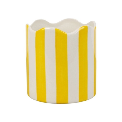 Cache-pot en grès rayé - bord festonné - coloris jaune et blanc - ⌀ 11 × H 11,5 cm