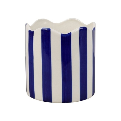 Cache-pot en grès rayé - bord festonné - coloris indigo et blanc - ⌀ 11 × H 11,5 cm