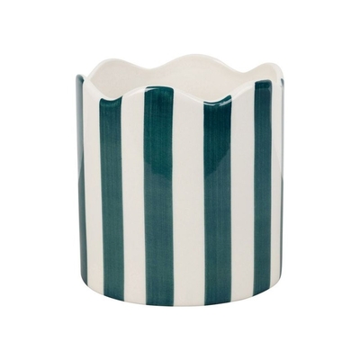Cache-pot en grès rayé - bord festonné - coloris émeraude et blanc - ⌀ 11 × H 11,5 cm