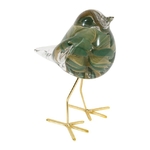 Oiseau décoratif en verre soufflé marbré - pattes en fer doré - coloris vert et or - 11,5 × 8,5 × H 15,5 cm