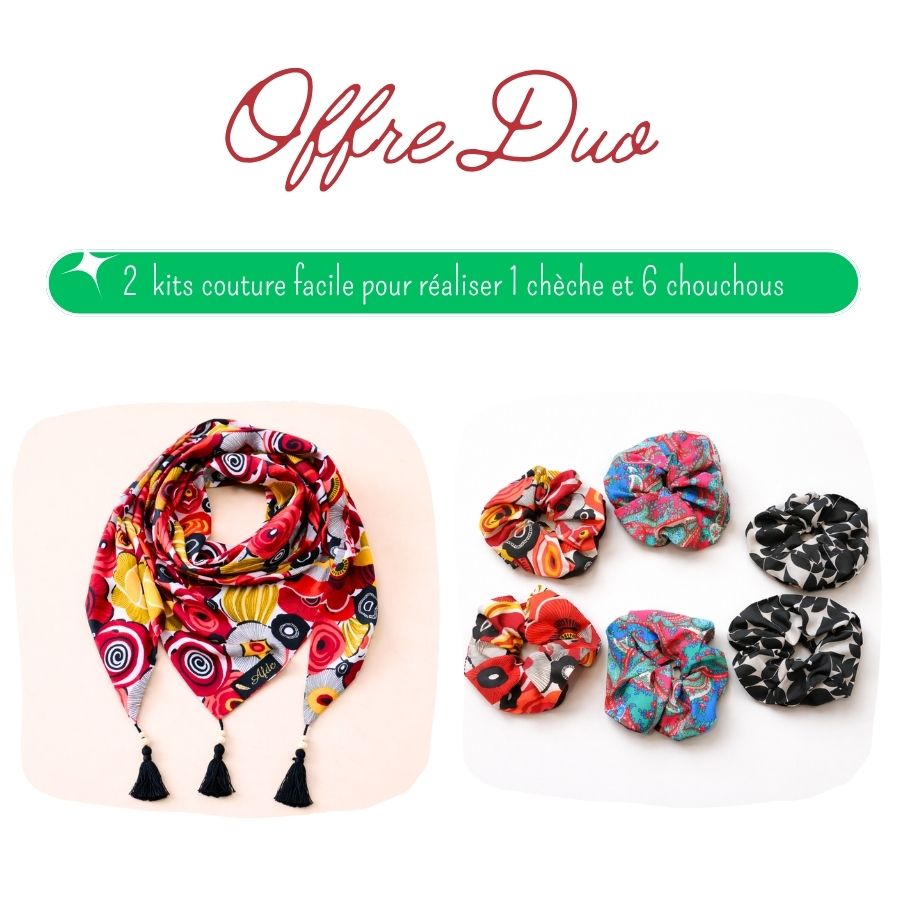 Offre duo couture débutant chèche graphique et chouchous assortis