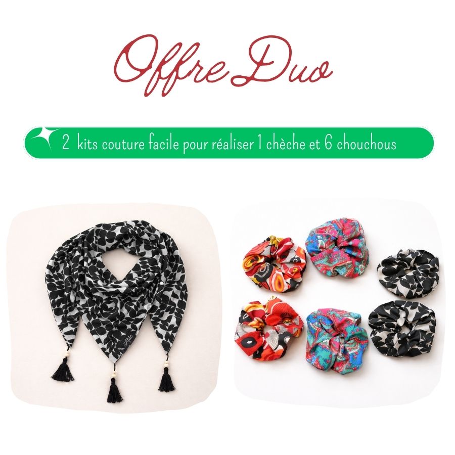 Offre duo couture débutant chèche noir blanc et chouchous