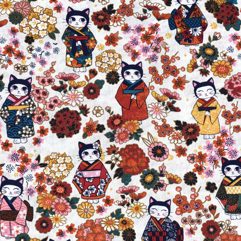tissu-coton-chats-japonais-kimono-ecru