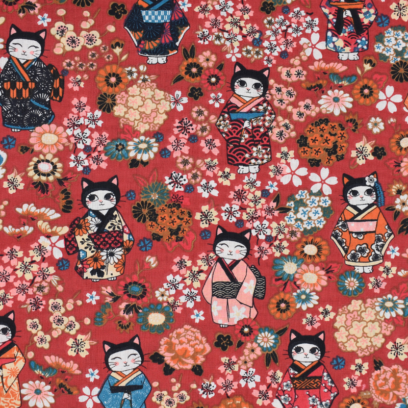 tissu-coton-chats-japonais-kimono-rouge-framboise