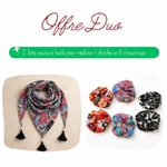 Offre duo couture débutant chèche cachemire turquoise et chouchous