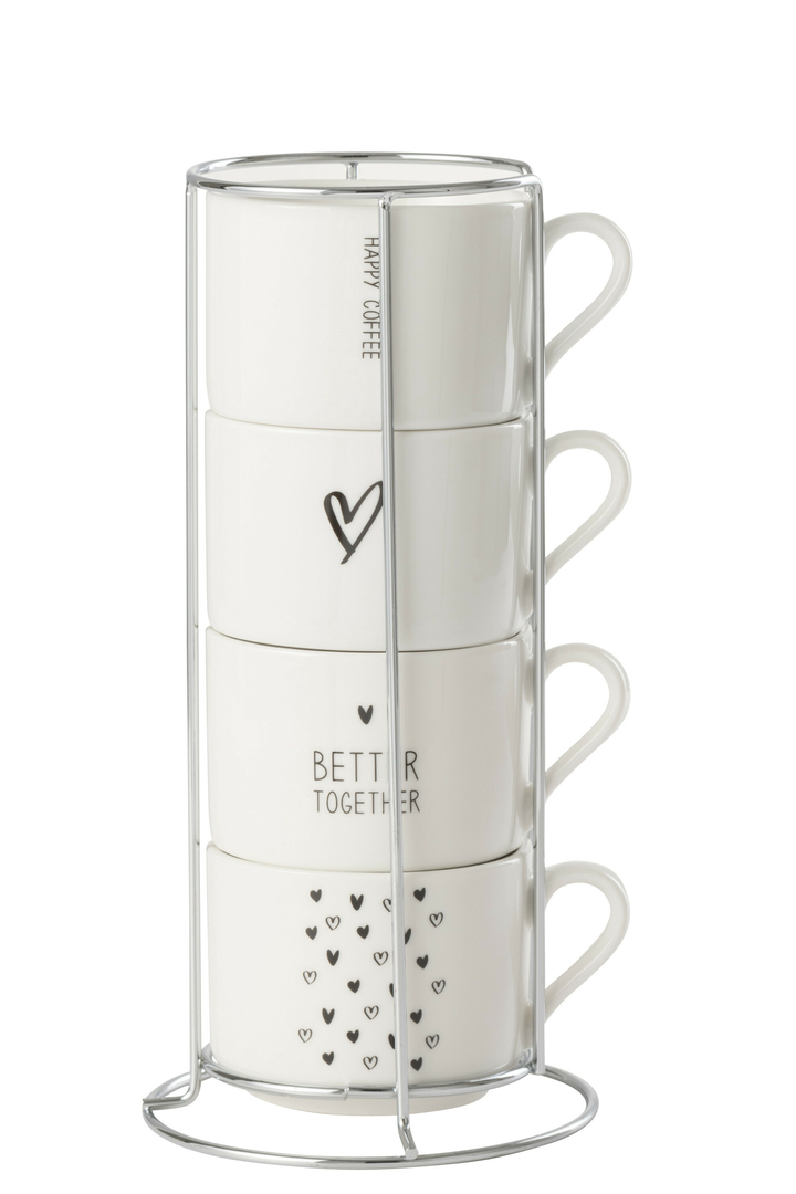 RACK 4 TASSES AMOUR CERAMIQUE BLANC NOIR